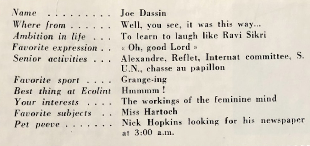 Yearbook entry for Joe Dassin